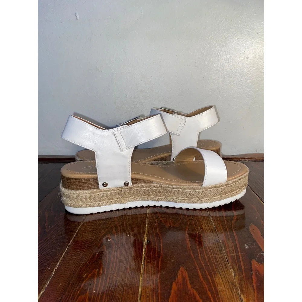 J. Adams White Platform Espadrille Sandals Wedge Buckle Coastal Boho Minimalist